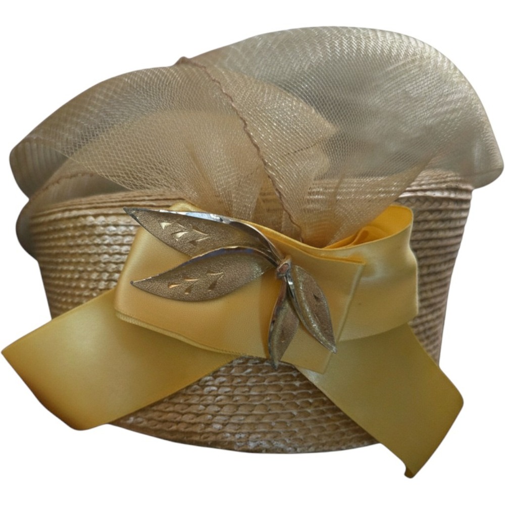 Vintage Gold‎ Straw Pillbox Hat Mesh Bow Leaf Brooch Church Derby Wedding Hat